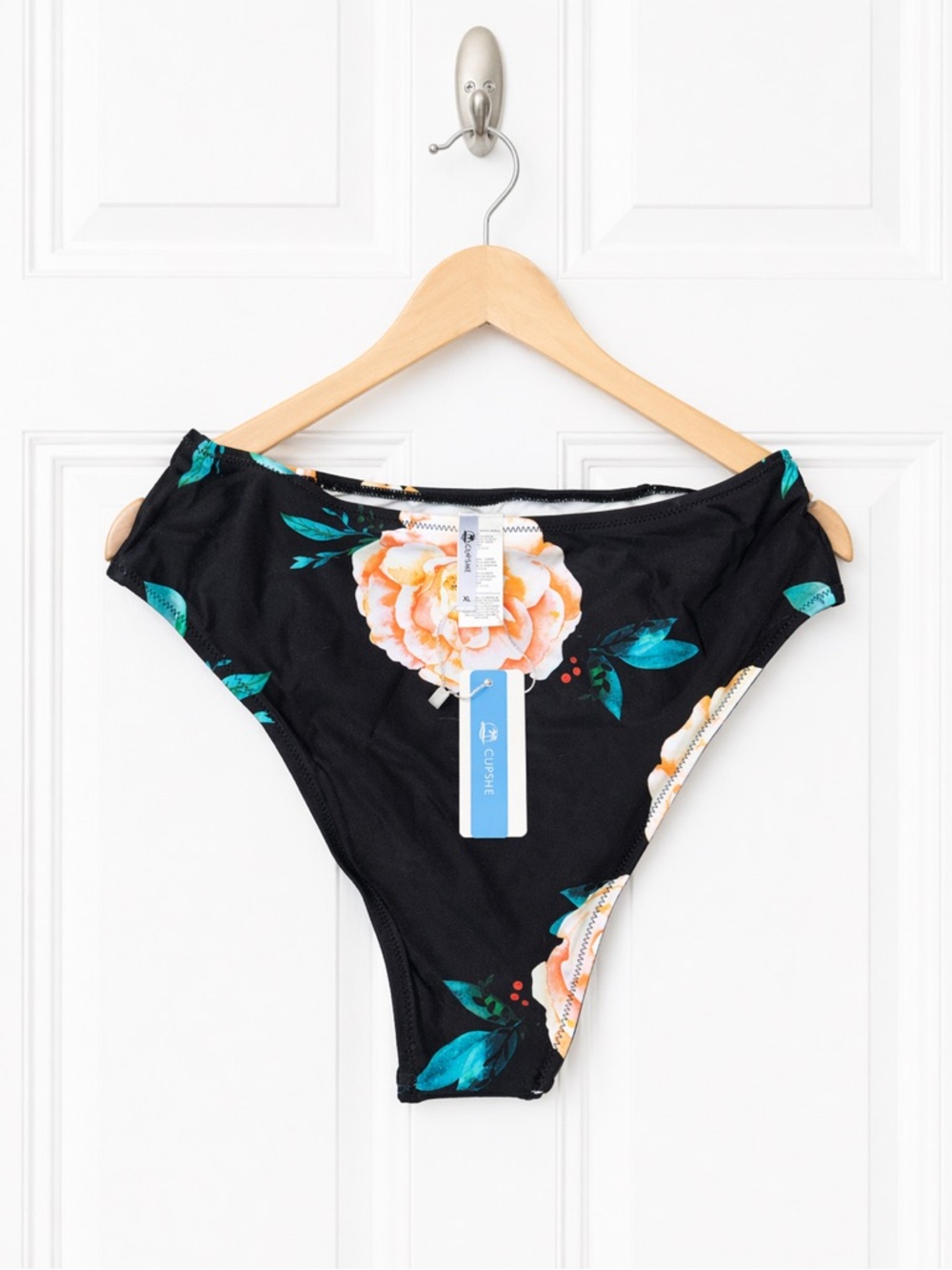 Cupshe Womens XL High Rise Floral Bikini Bottom Black Orange Ruched‎ Swimwear